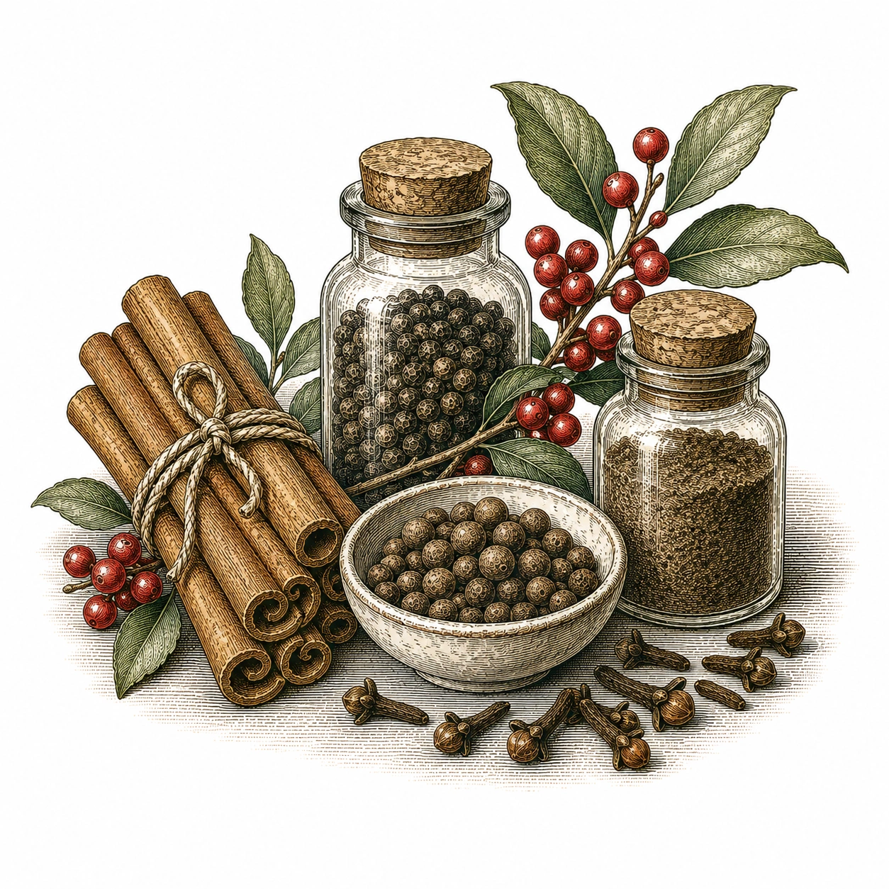 Local Legend Spiced Rum botanicals, engraved illustration