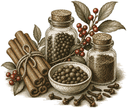 Local Legend Spiced Rum botanicals, engraved illustration