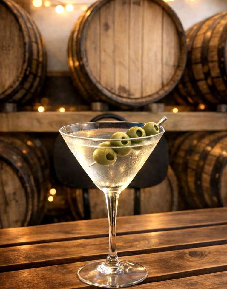 A martini poured beside the ageing barrels