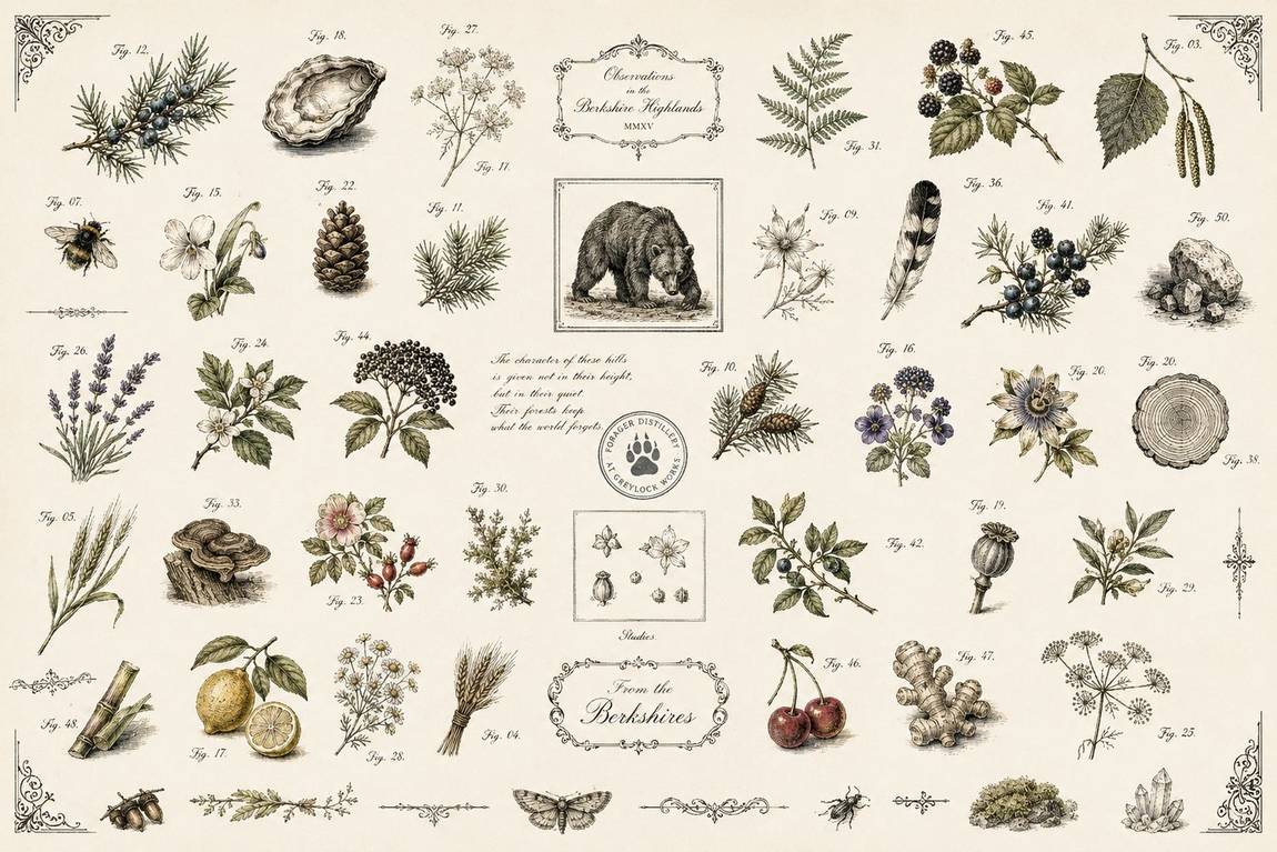 A plate of engraved Berkshire specimens: juniper, oyster, blackberry, birch, lavender, rose hip and more
