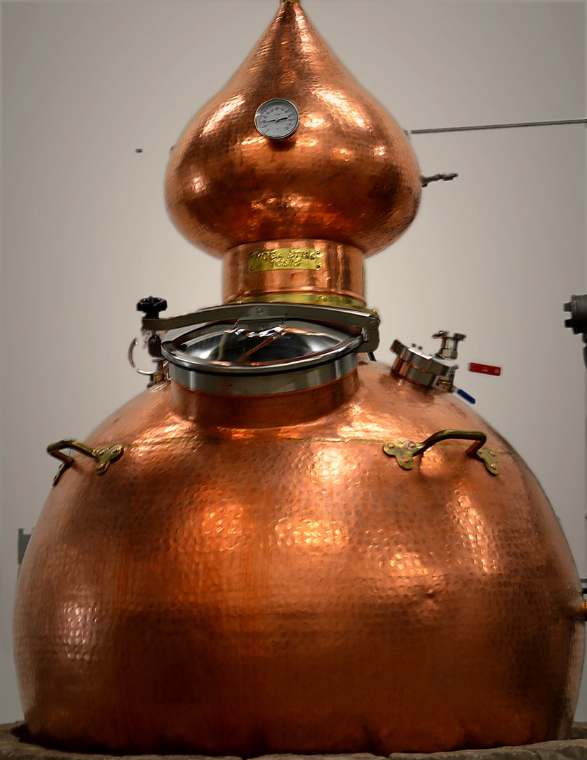 The hammered copper pot still at Forager Distillery